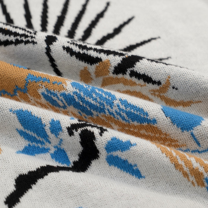 Men's Apricot White Vintage Art Bird Jacquard Polo Knit Shirt