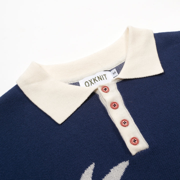 Men's Dark Blue Vintage Coconut Tree Jacquard Polo Knit Shirt