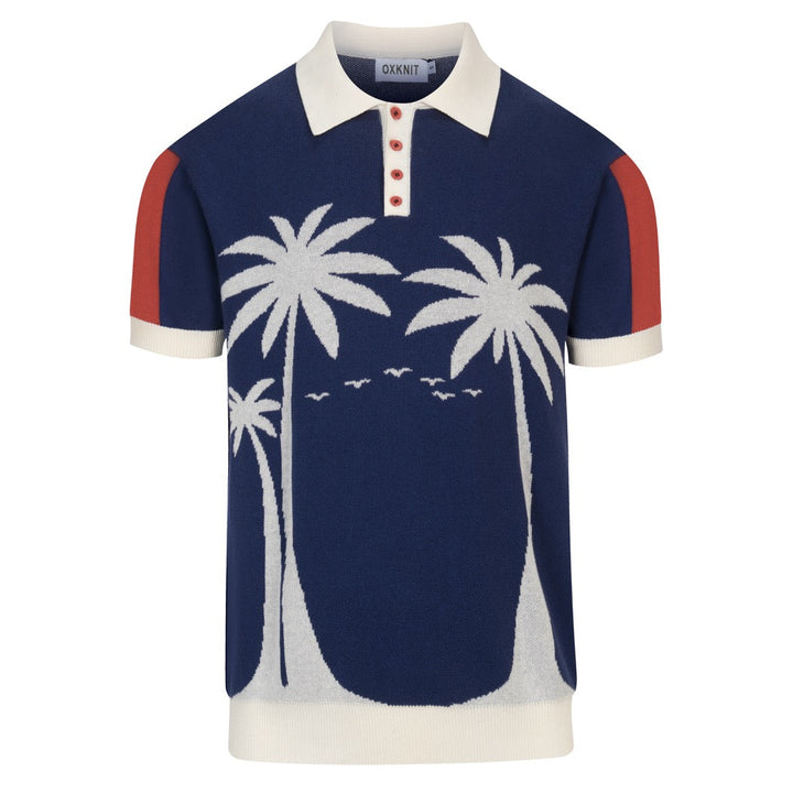 Men's Dark Blue Vintage Coconut Tree Jacquard Polo Knit Shirt