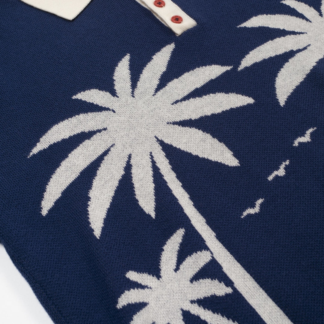 Men's Dark Blue Vintage Coconut Tree Jacquard Polo Knit Shirt