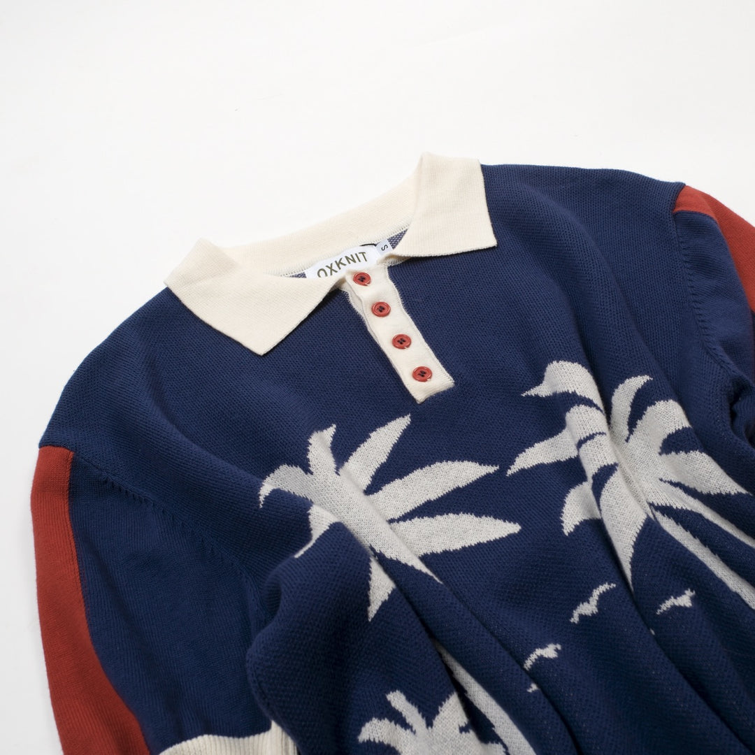 Men's Dark Blue Vintage Coconut Tree Jacquard Polo Knit Shirt
