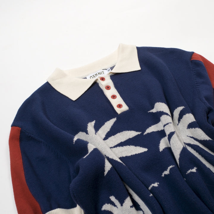 Men's Dark Blue Vintage Coconut Tree Jacquard Polo Knit Shirt