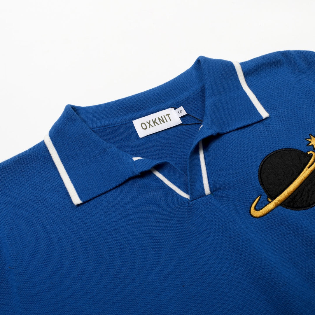 Men's Blue Vintage Planet Rocket Embroidered Polo Knit Shirt
