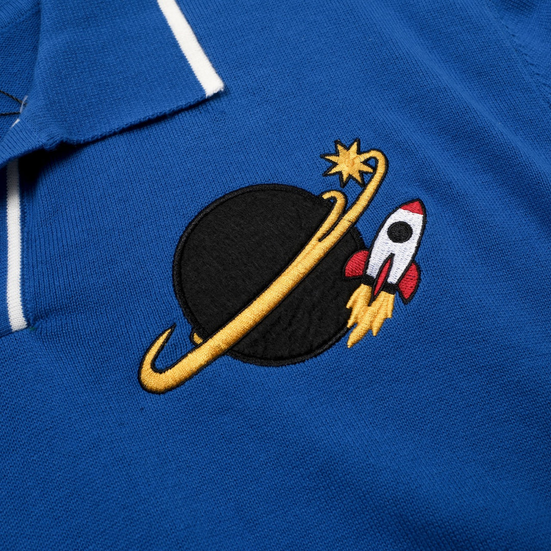 Men's Blue Vintage Planet Rocket Embroidered Polo Knit Shirt