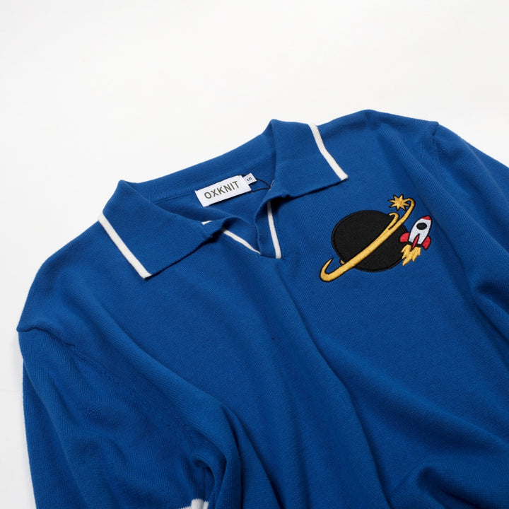 Men's Blue Vintage Planet Rocket Embroidered Polo Knit Shirt