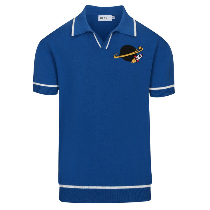 Men's Blue Vintage Planet Rocket Embroidered Polo Knit Shirt