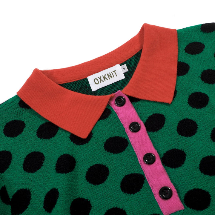 Women's Green Vintage Polka Dot Jacquard Polo Knit T-shirt