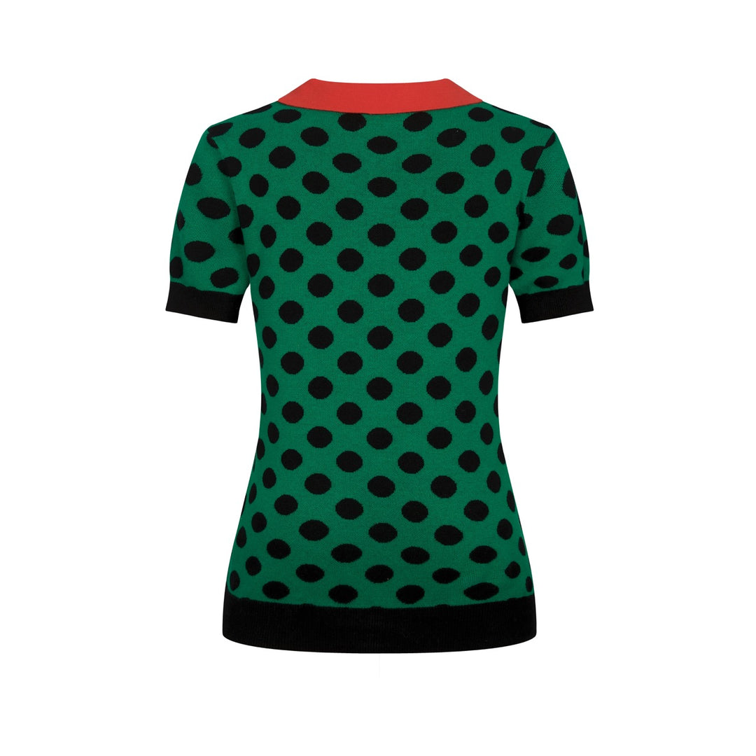 Women's Green Vintage Polka Dot Jacquard Polo Knit T-shirt