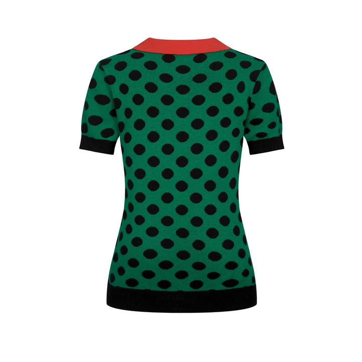 Women's Green Vintage Polka Dot Jacquard Polo Knit T-shirt