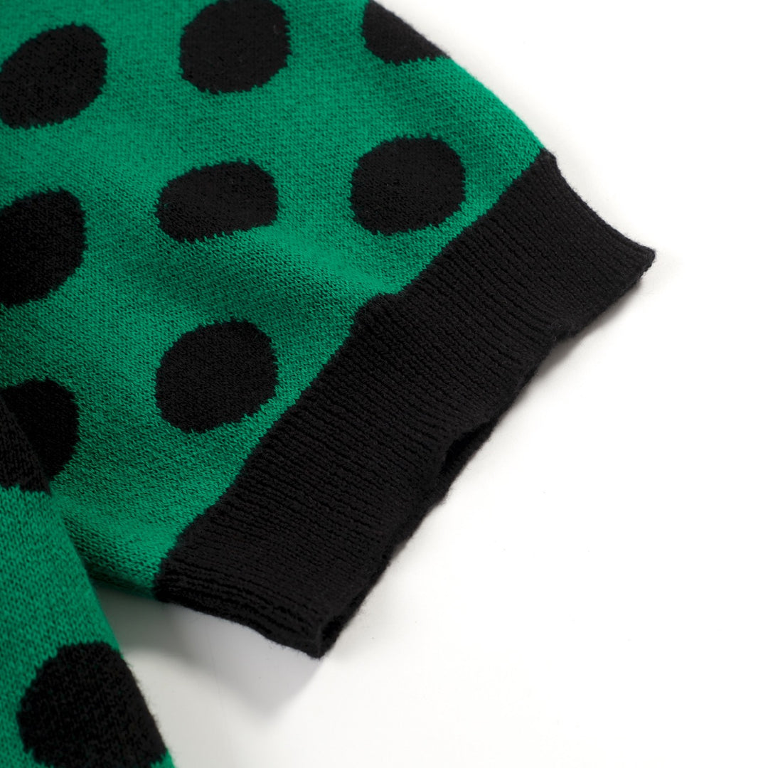 Women's Green Vintage Polka Dot Jacquard Polo Knit T-shirt