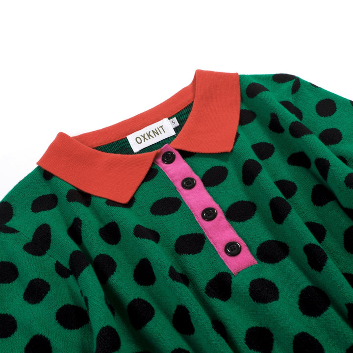 Women's Green Vintage Polka Dot Jacquard Polo Knit T-shirt
