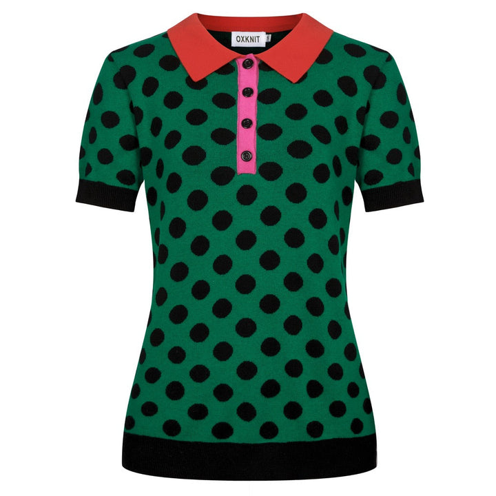 Women's Green Vintage Polka Dot Jacquard Polo Knit T-shirt