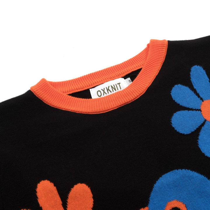 Women's Black Vintage Art Bird Jacquard Knit T-Shirt