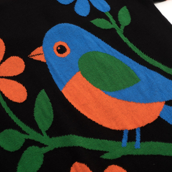 Women's Black Vintage Art Bird Jacquard Knit T-Shirt