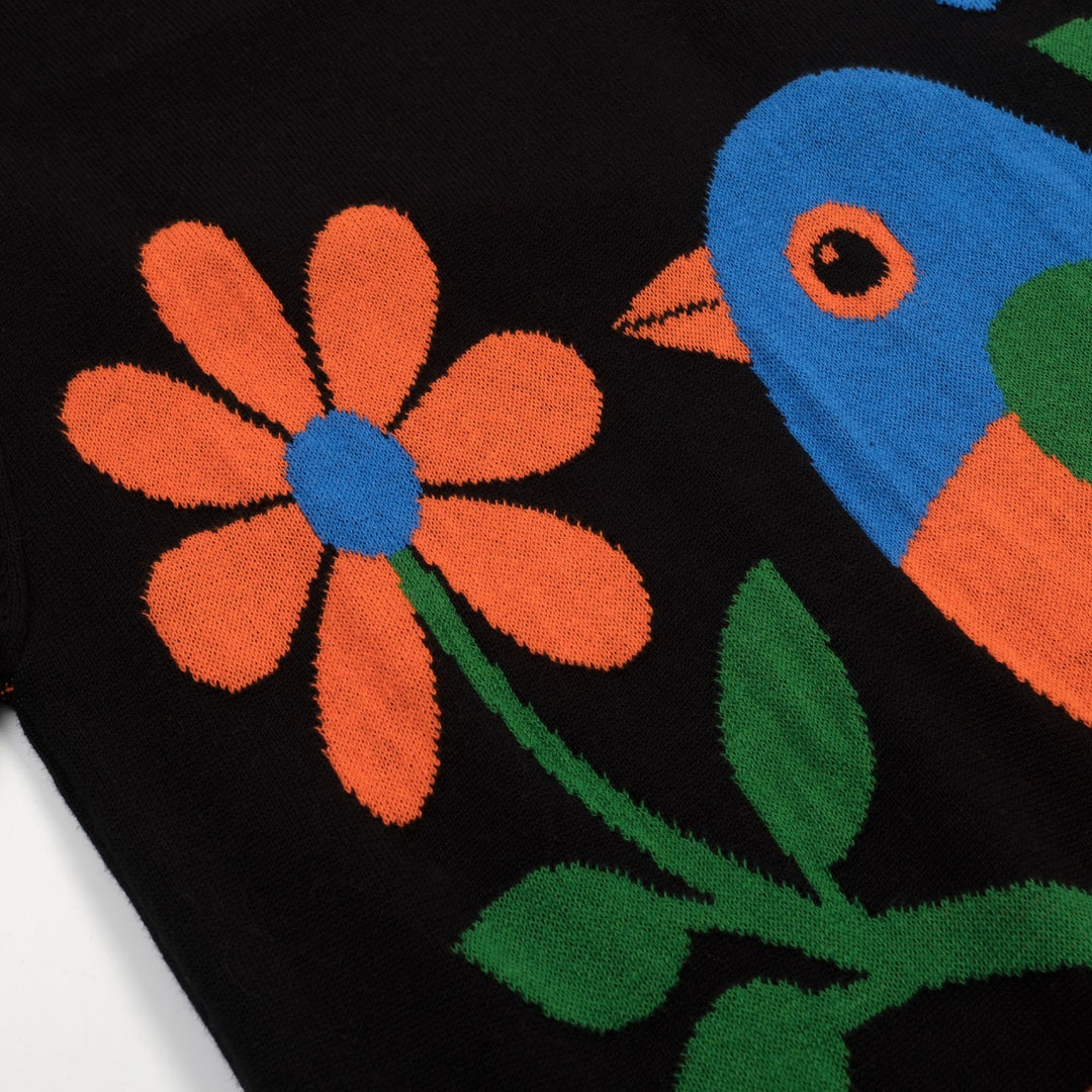 Women's Black Vintage Art Bird Jacquard Knit T-Shirt