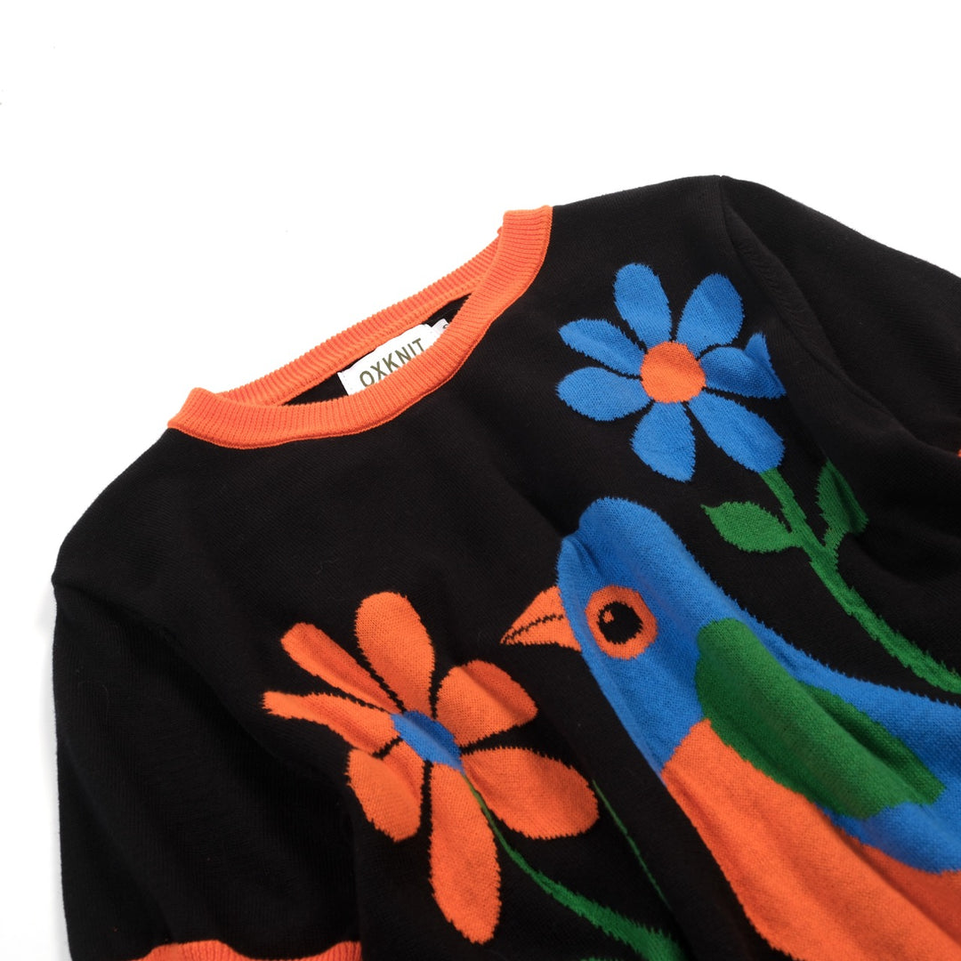 Women's Black Vintage Art Bird Jacquard Knit T-Shirt