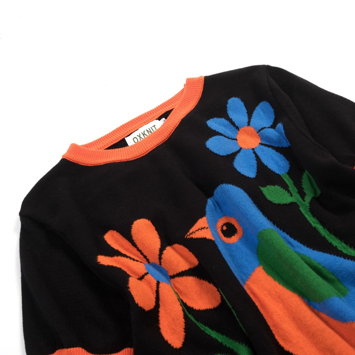 Women's Black Vintage Art Bird Jacquard Knit T-Shirt