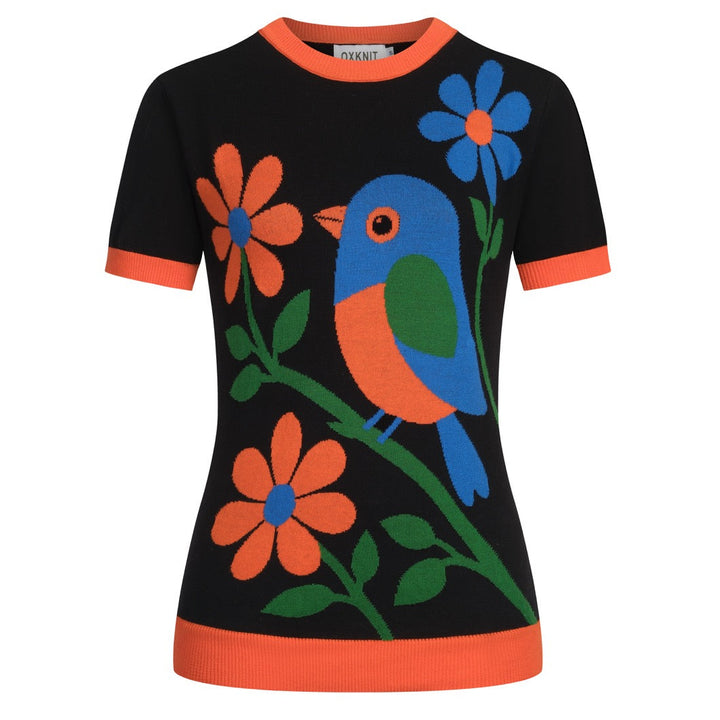 Women's Black Vintage Art Bird Jacquard Knit T-Shirt