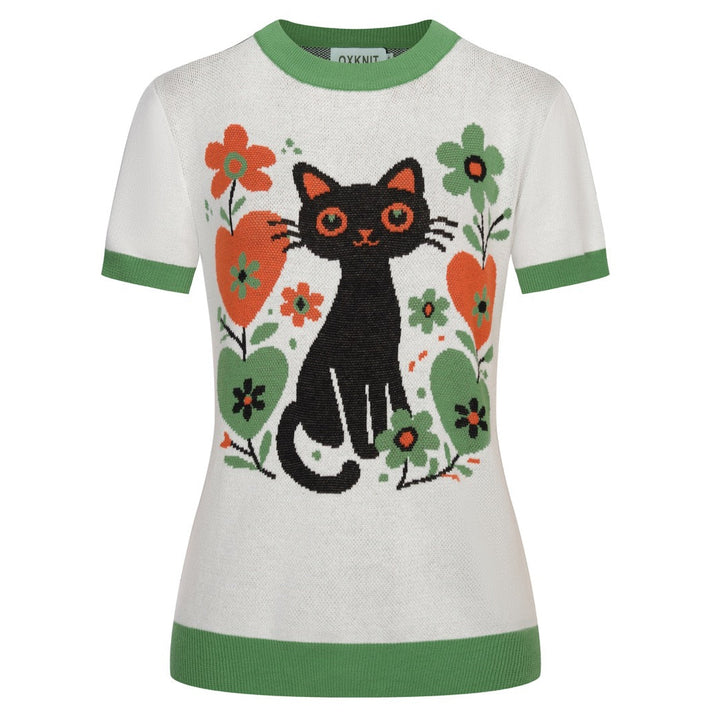 Women's Apricot White Vintage Kitten Art Knit T-Shirt