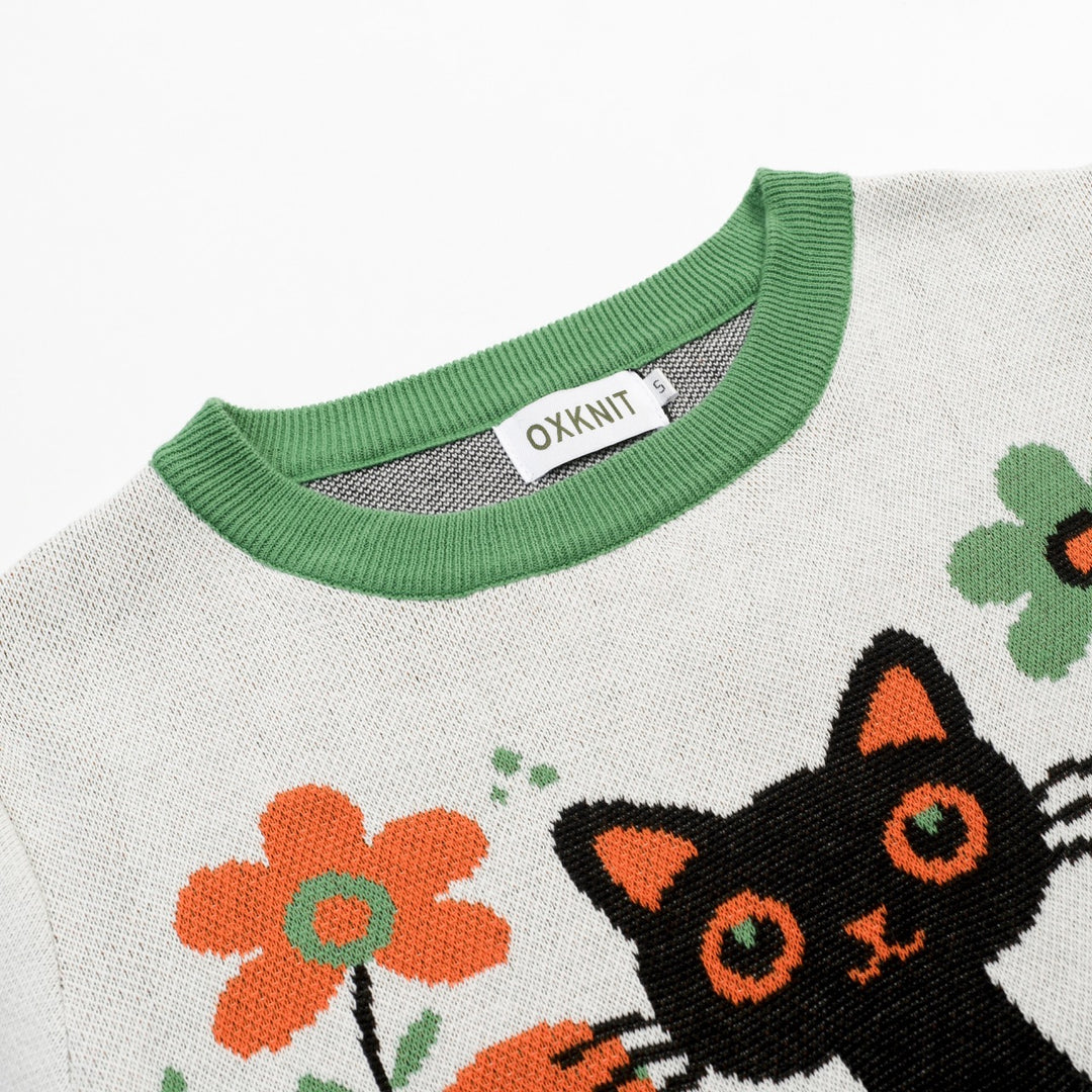 Women's Apricot White Vintage Kitten Art Knit T-Shirt