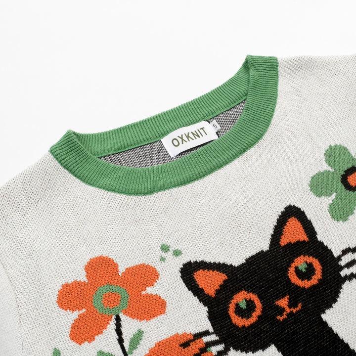 Women's Apricot White Vintage Kitten Art Knit T-Shirt