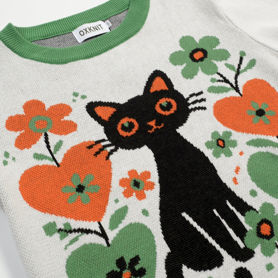 Women's Apricot White Vintage Kitten Art Knit T-Shirt