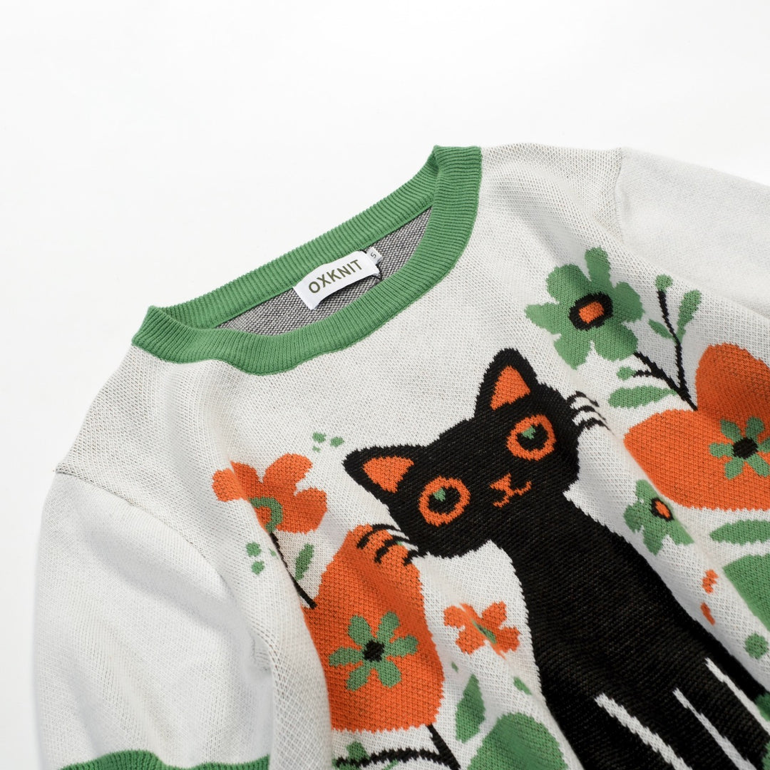 Women's Apricot White Vintage Kitten Art Knit T-Shirt