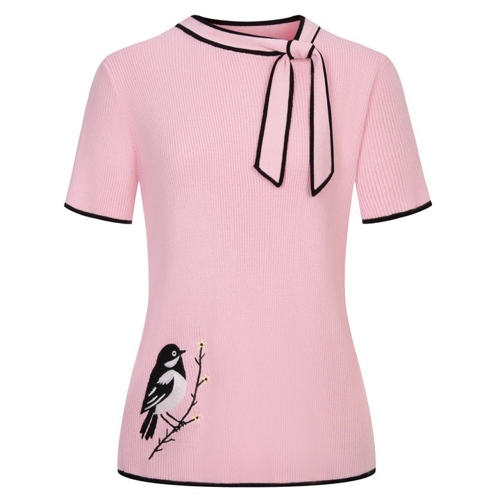 Women's Pink Retro Striped Bird Embroidered Knit T-Shirt