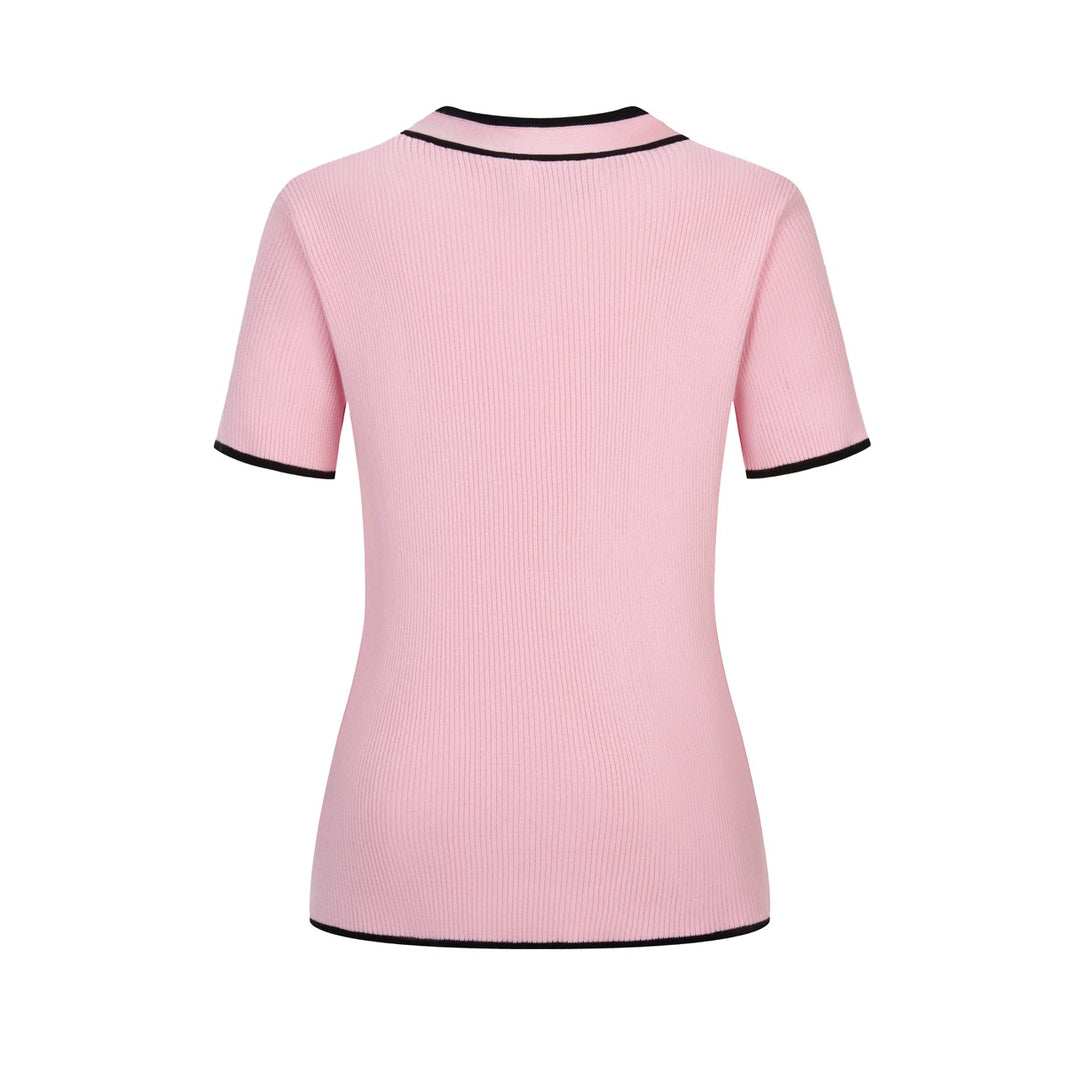 Women's Pink Retro Striped Bird Embroidered Knit T-Shirt