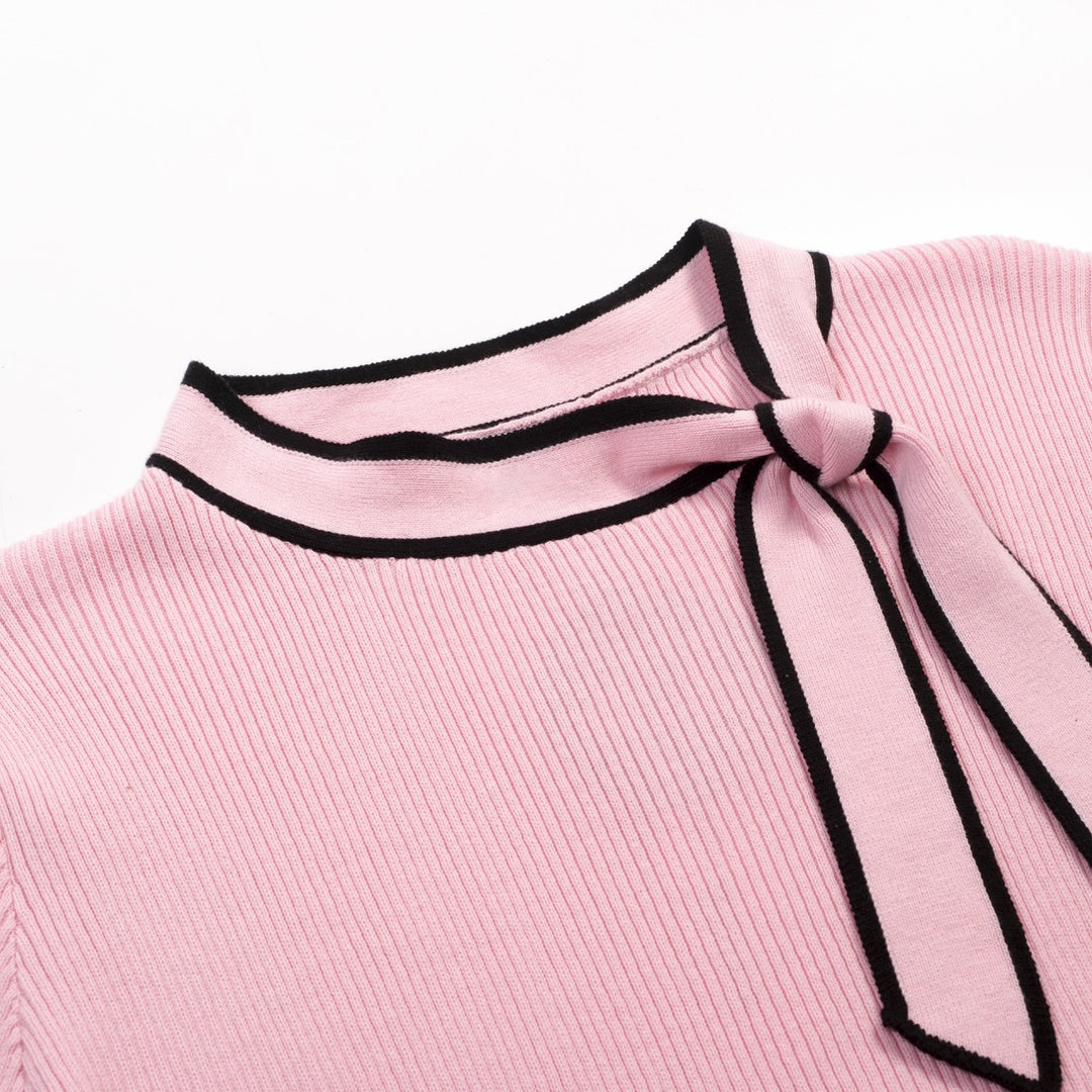 Women's Pink Retro Striped Bird Embroidered Knit T-Shirt