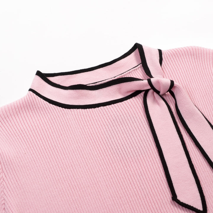 Women's Pink Retro Striped Bird Embroidered Knit T-Shirt