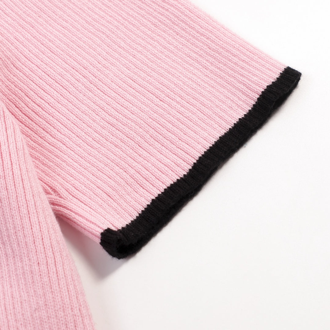 Women's Pink Retro Striped Bird Embroidered Knit T-Shirt