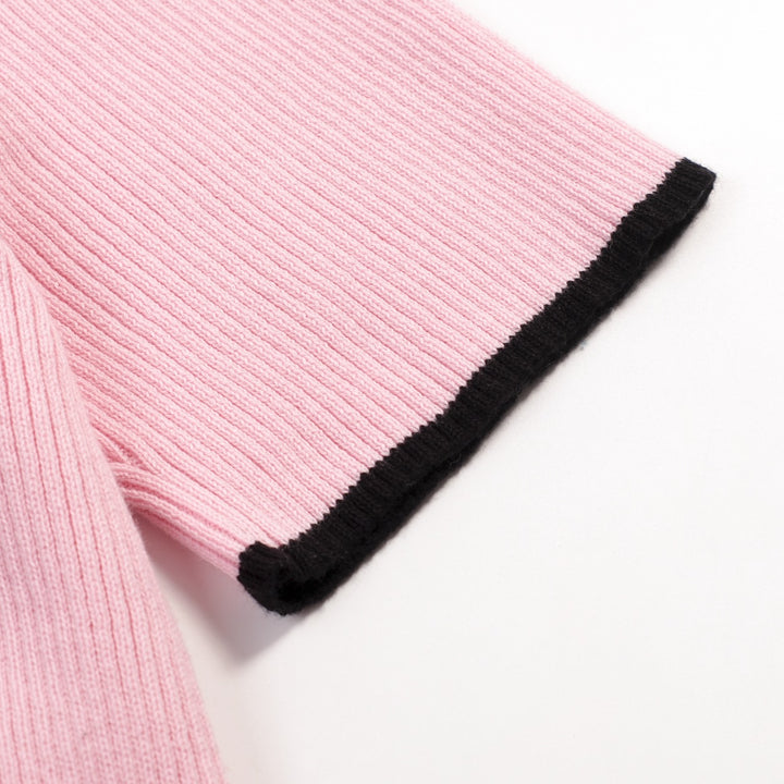 Women's Pink Retro Striped Bird Embroidered Knit T-Shirt