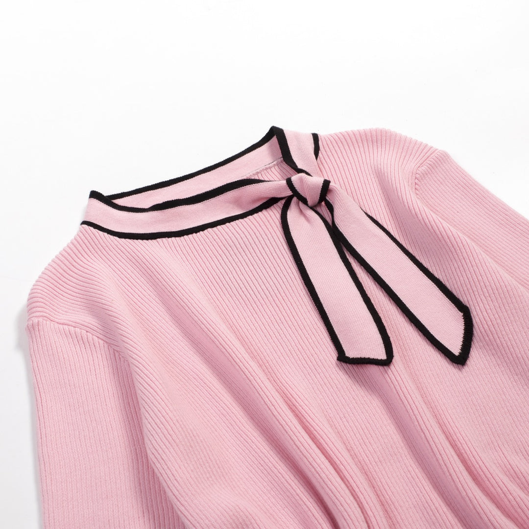 Women's Pink Retro Striped Bird Embroidered Knit T-Shirt