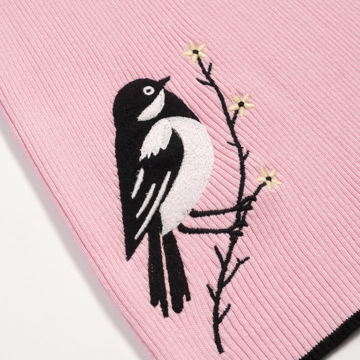 Women's Pink Retro Striped Bird Embroidered Knit T-Shirt