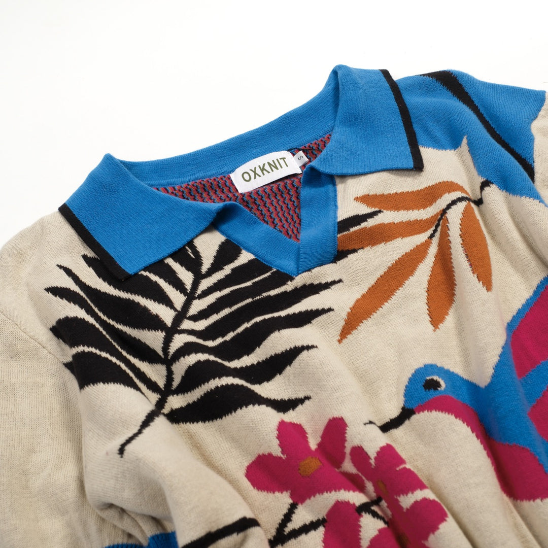 Herrarnas flerfärgade retro fågelkonst jacquardstickad pikétröja