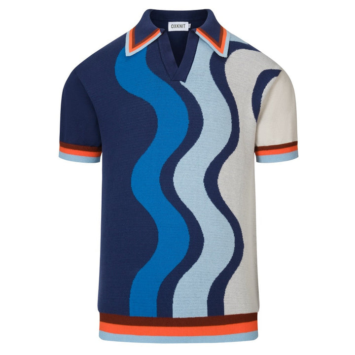 Men's Blue Vintage Wavy Striped Jacquard Polo Knit Shirt