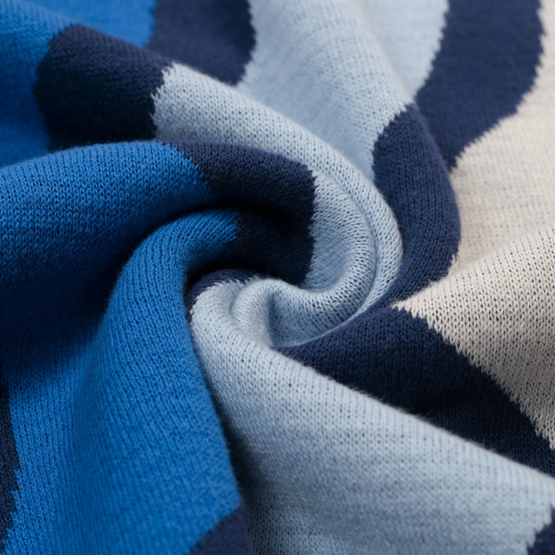 Men's Blue Vintage Wavy Striped Jacquard Polo Knit Shirt