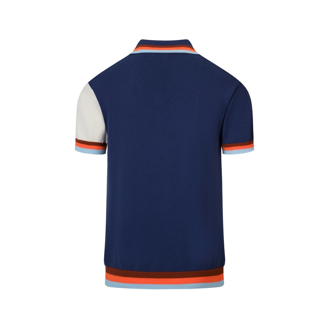 Men's Blue Vintage Wavy Striped Jacquard Polo Knit Shirt