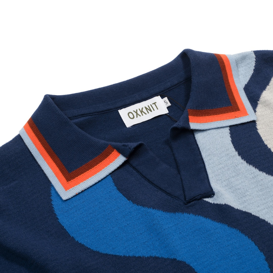 Men's Blue Vintage Wavy Striped Jacquard Polo Knit Shirt