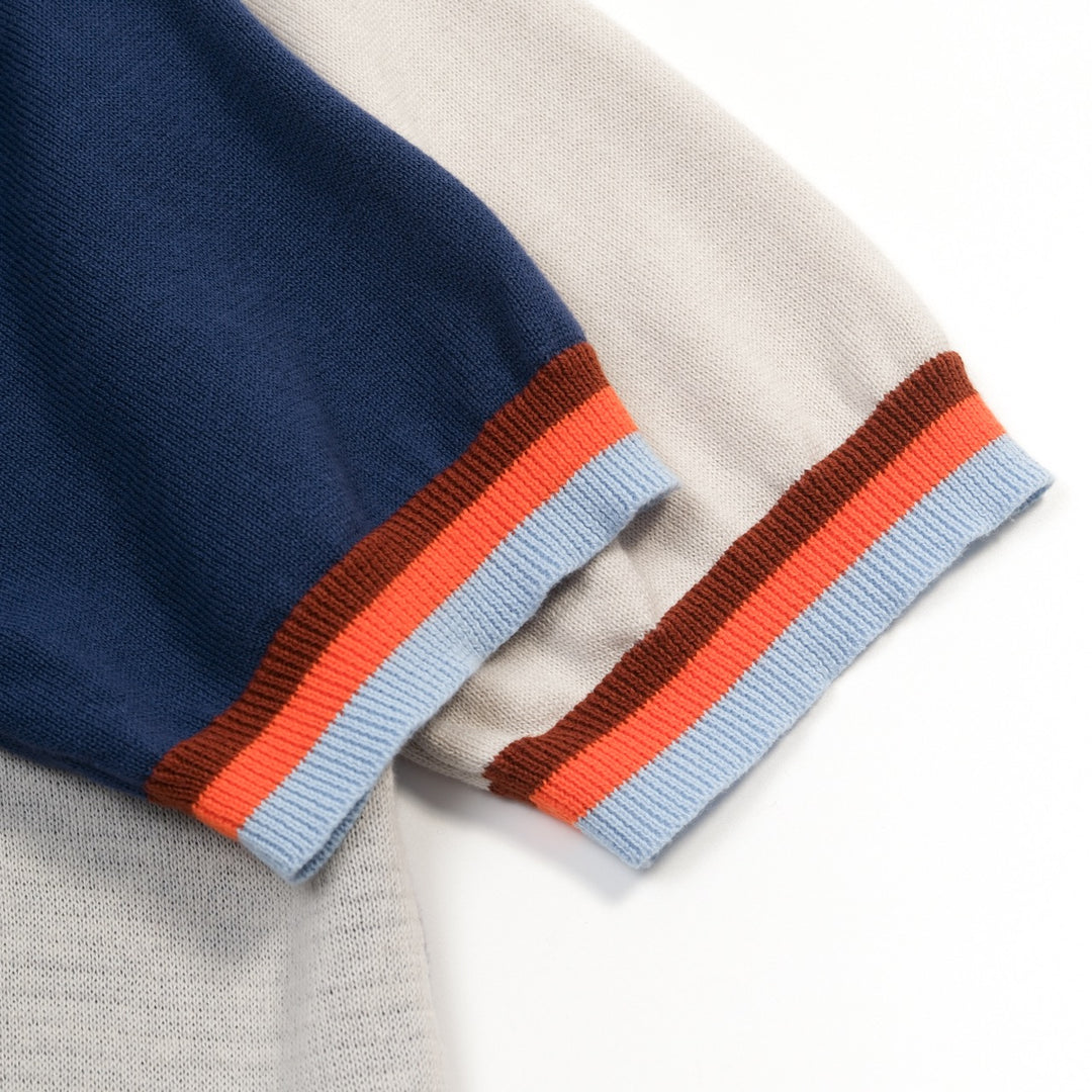 Men's Blue Vintage Wavy Striped Jacquard Polo Knit Shirt