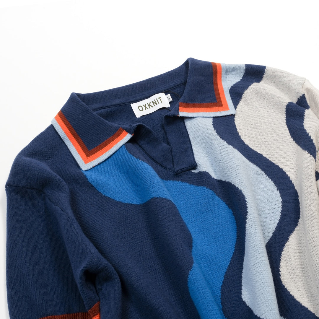 Men's Blue Vintage Wavy Striped Jacquard Polo Knit Shirt