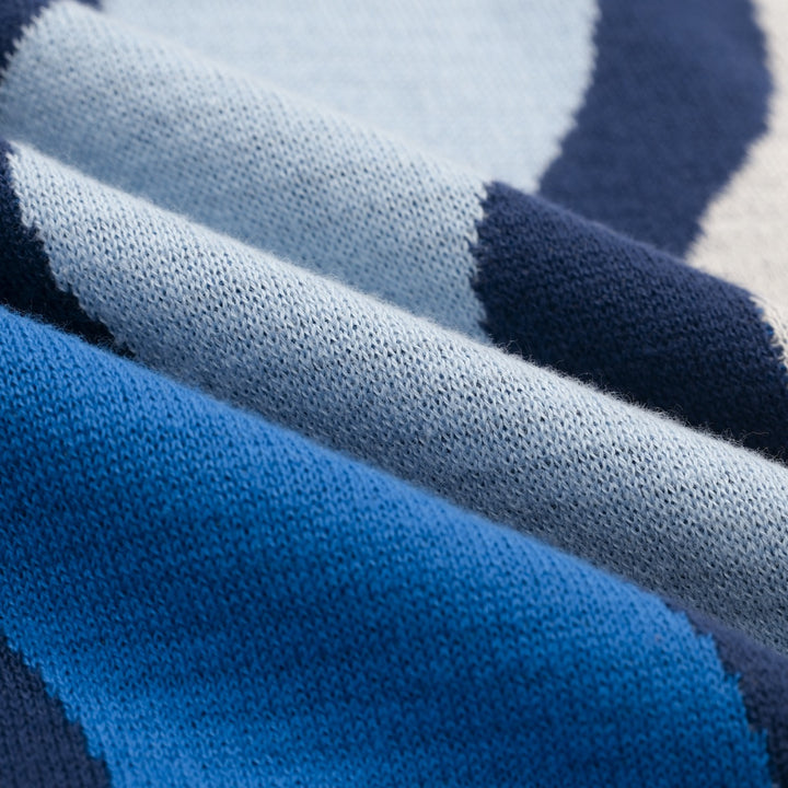 Men's Blue Vintage Wavy Striped Jacquard Polo Knit Shirt