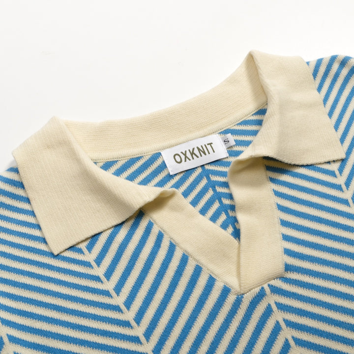 Heren Blauwe Vintage Art Jacquard Polo Gebreid Shirt