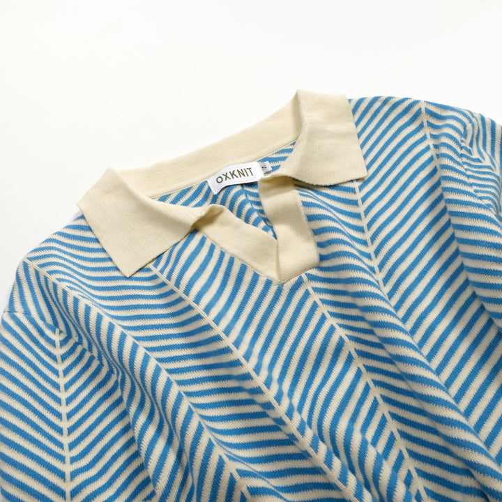 Heren Blauwe Vintage Art Jacquard Polo Gebreid Shirt