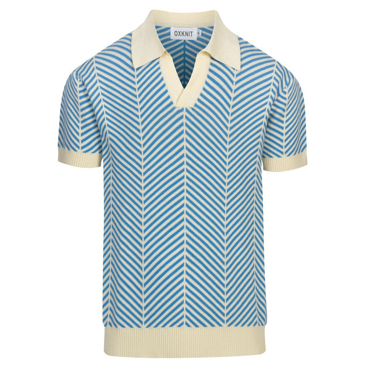 Heren Blauwe Vintage Art Jacquard Polo Gebreid Shirt
