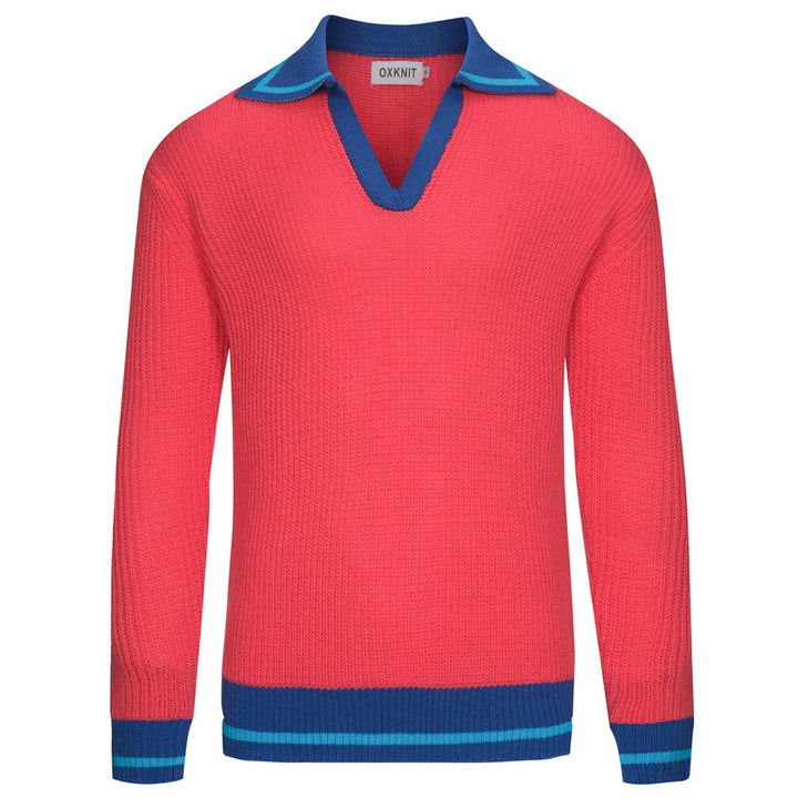 Rosröd pikétröja för män med V-ringad textur och känsla