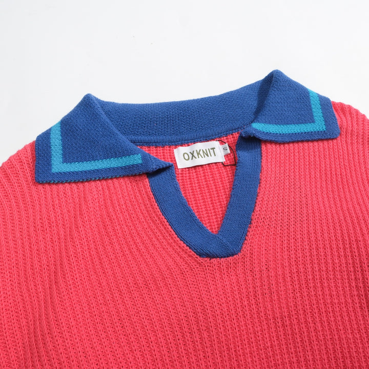 Rosröd pikétröja för män med V-ringad textur och känsla