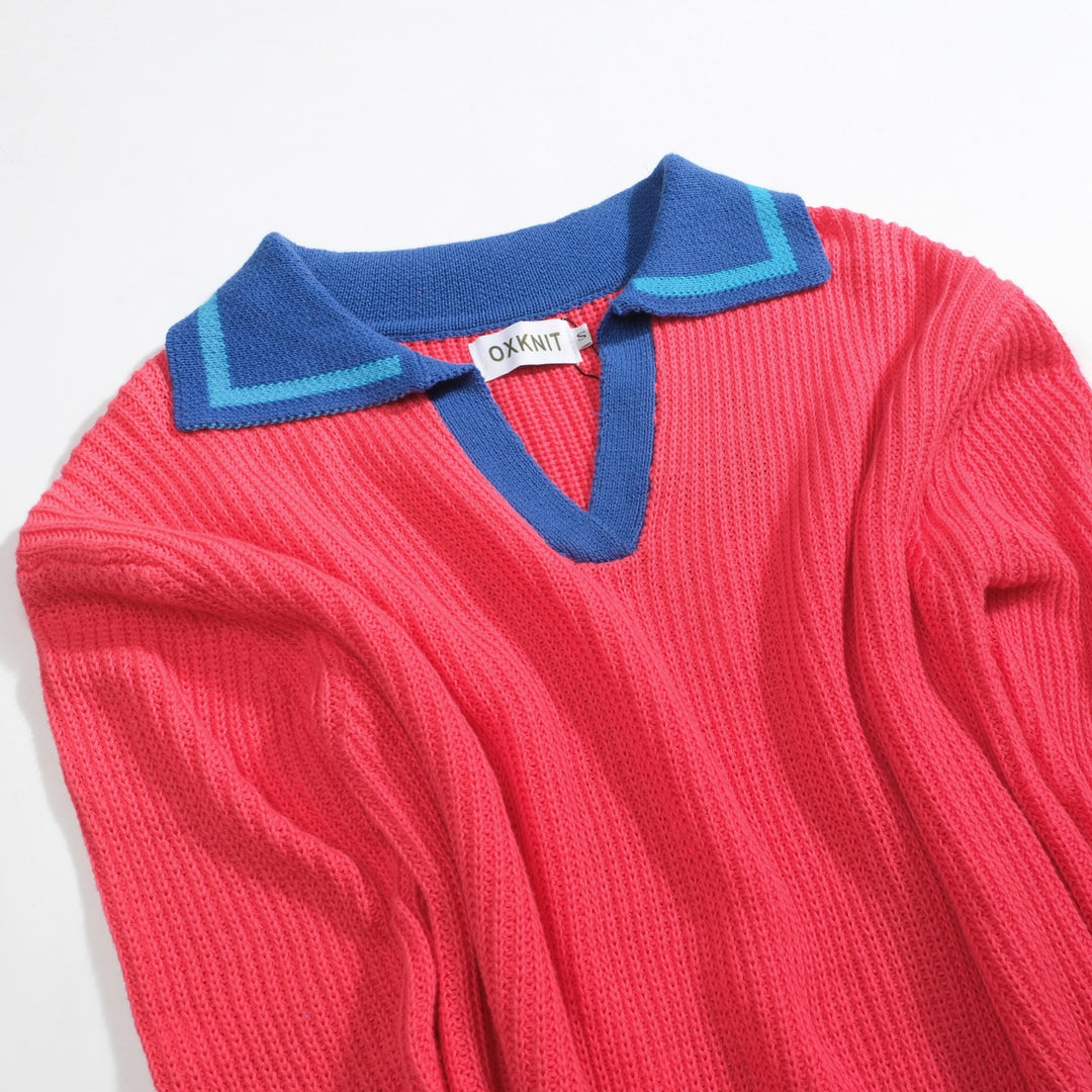 Rosröd pikétröja för män med V-ringad textur och känsla