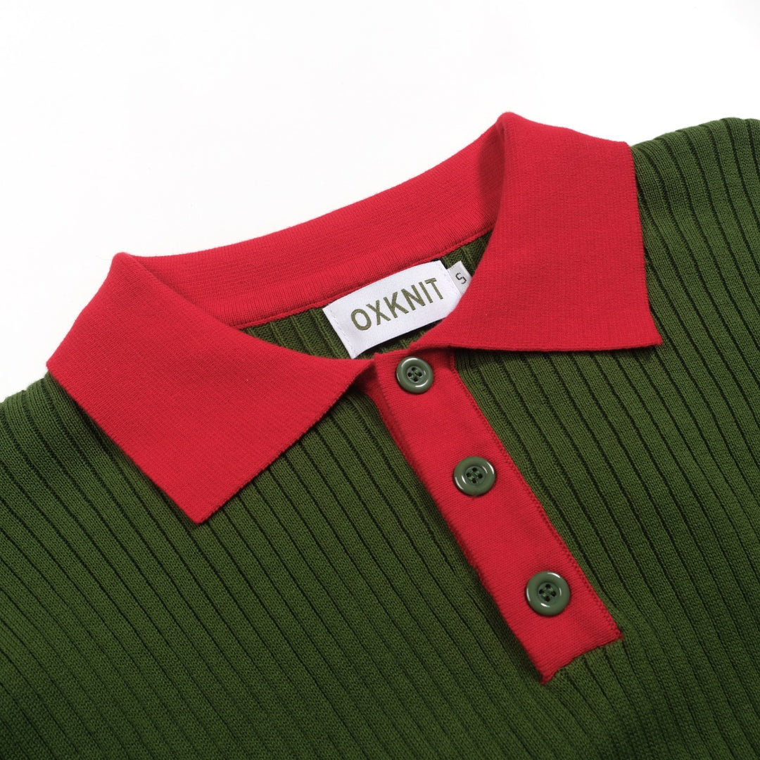 Men's green vertical pit bar vintage knitted polo shirt